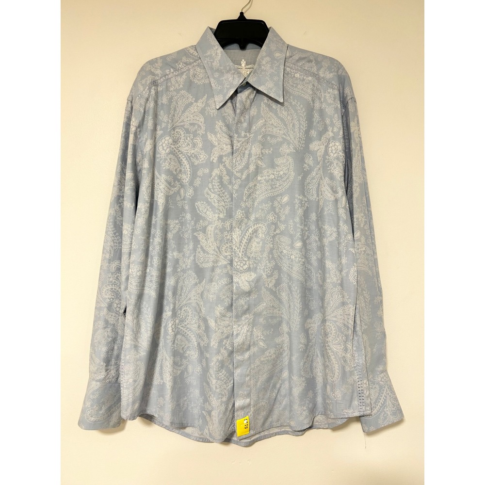 Robert Graham Mens Light Blue Paisley Floral Button Down Shirt Gingham Trim XL